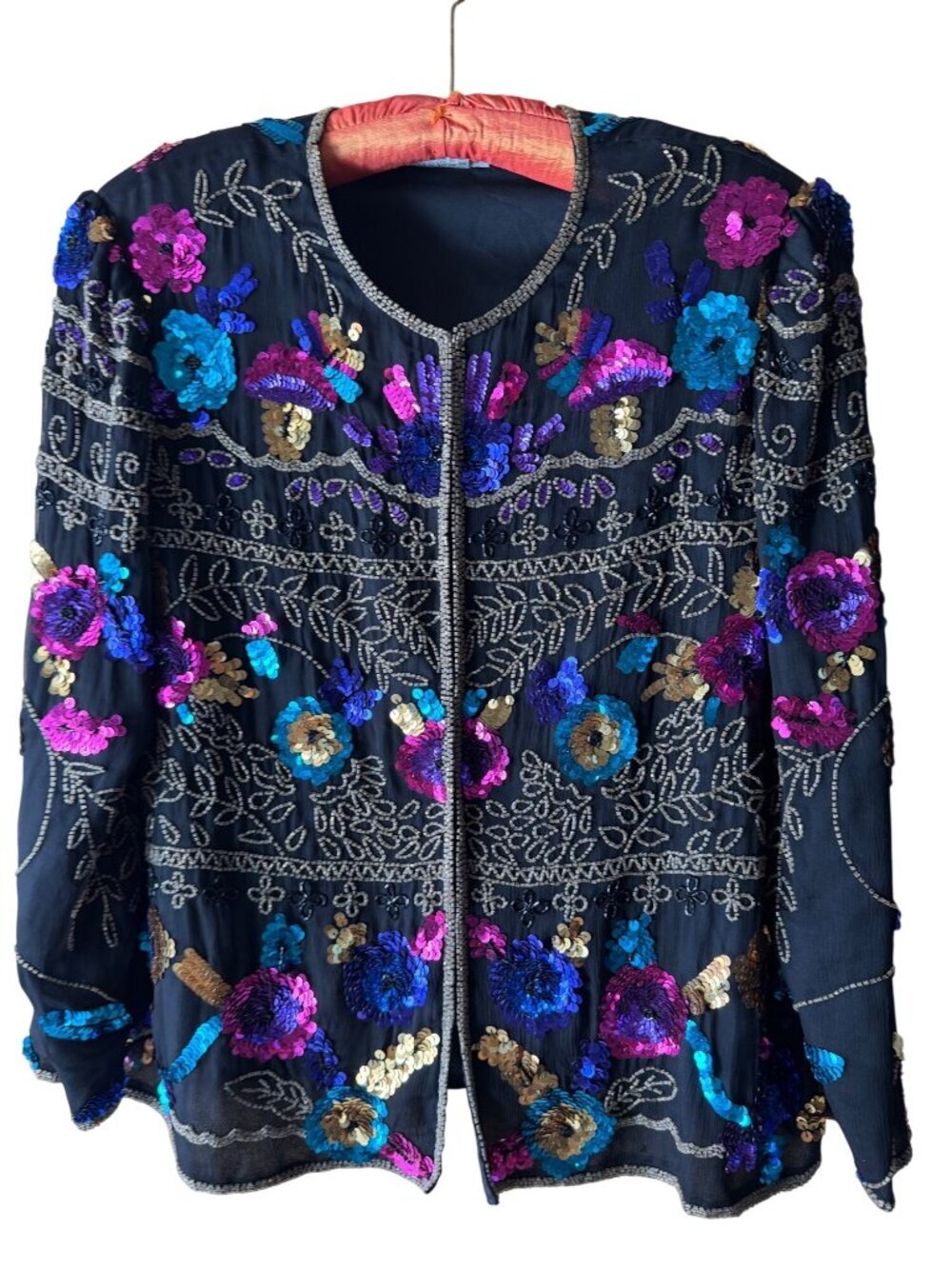 Draper’s & Damon’s Womens Sequin Embellished Evening Jacket Size XL Black Silk
